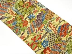 手織り紬型染雲に古典柄・鳥・草花模様名古屋帯